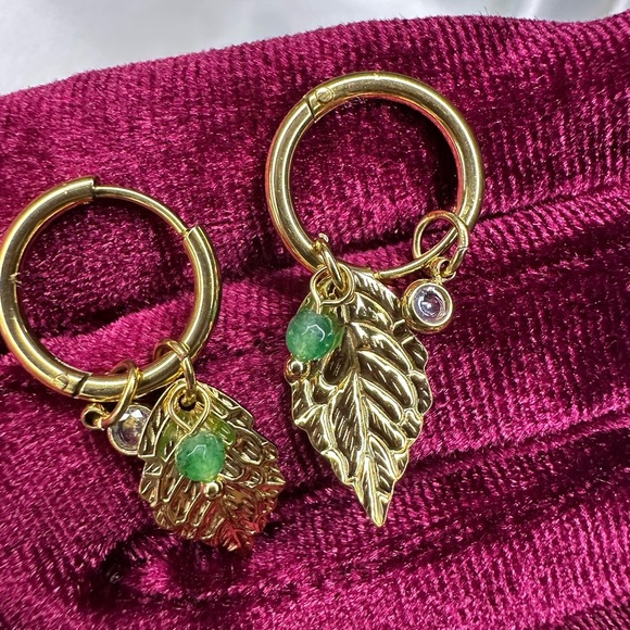Stainless steel Gold Leaf Hoop Earrings with Green Accents - Picture 3 of 5